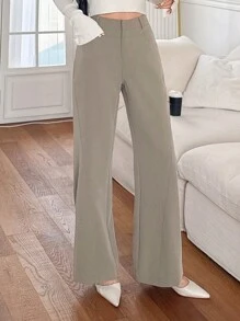 DAZY Pantalones elegantes para primavera y verano de unicolor con diseño de bolsillos y bajo acampanado para mujer