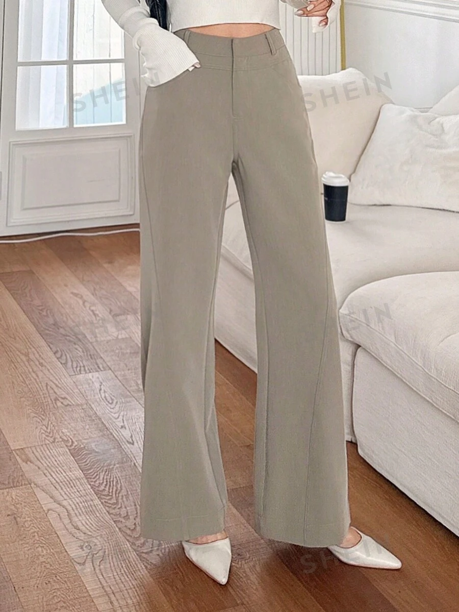 DAZY Pantalones elegantes para primavera y verano de unicolor con diseño de bolsillos y bajo acampanado para mujer