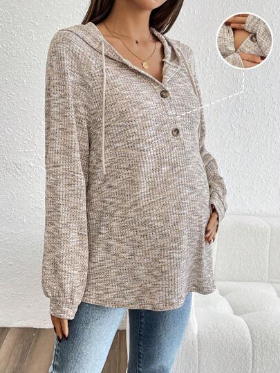 SHEIN Maternity Tie-Dye Raglan Sleeve Long Sleeve Button Up Drawstring Hooded Casual Sweatshirt, Autumn