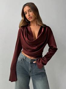 Aloruh Burgundy Off-The-Shoulder Long Sleeve Cropped Elegant Blouse Top For Women - Burgundy - View 1