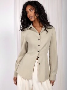 COSMINA Women's Elegant Modest Office Ruched Cream Buttoned Shirt, Spring/Summer