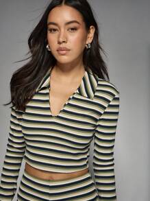 MISSGUIDED Conjunto de dos piezas acanalado de estilo retro con top corto con cuello y shorts de ciclista de cintura alta a juego, estilo Y2K para primavera y verano - Multicolor - Ver 5