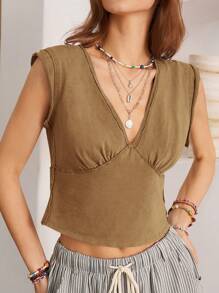 Bohemela Women Purple V-Neck Sleeveless Vacation T-Shirt