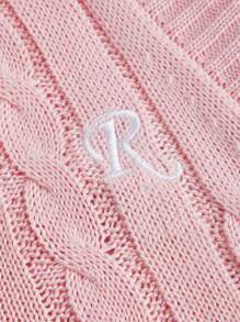 SHEIN MOD Women's Casual Pink Cable Knit V-Neck Letter Graphic Sweater Vest, Autumn/Winter - Pink - View 3