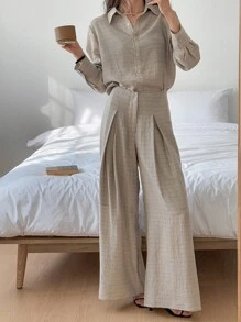 DAZY 女士两件套商务休闲条纹衬衫和宽松长裤套装，夏季亚麻家居服套装 - 卡其色 - 查看 6