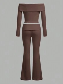 SHEIN EZwear Women Off The Shoulder Fitted Long Sleeve T-Shirt & Flare Pants Coffee Colored 2 Pieces Set - Coffee Brown - View 2