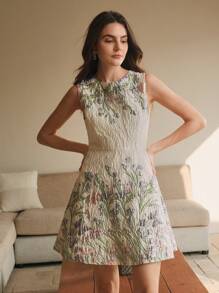 Anewsta Robe élégante à imprimé floral texturé avec taille ajustée, romantique, sans manches, idéale pour les vacances. Convient pour la Saint-Valentin, les vacances d'été, la tenue du Nouvel An - Nude - Voir 7