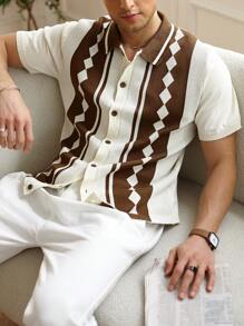 Manfinity Homme Men's Front Button Short Sleeve Graphic Minimal Casual Knit Top - Multicolor - View 3