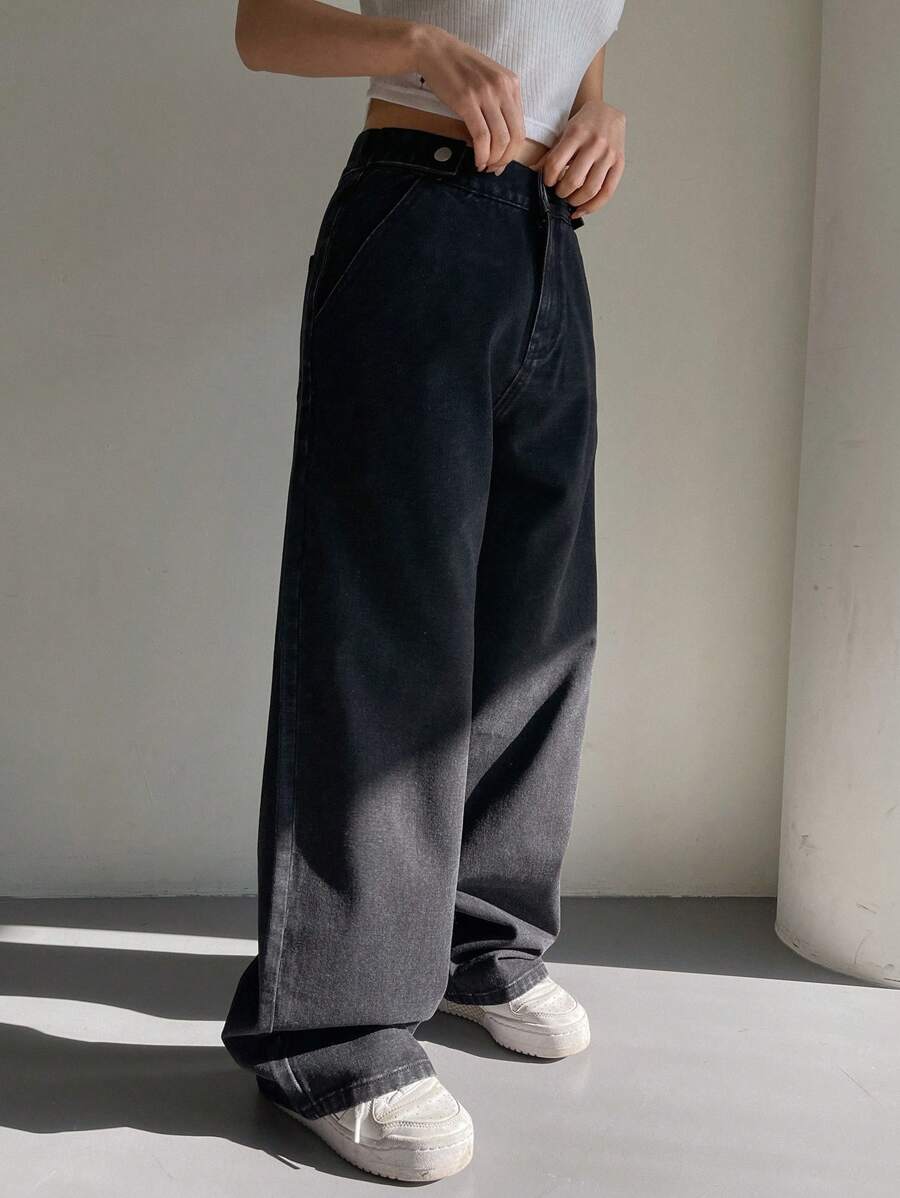 DAZY Women's Loose Solid Color Waistband Pocket Jeans Low Rise Jeans - Dark Grey - View 1