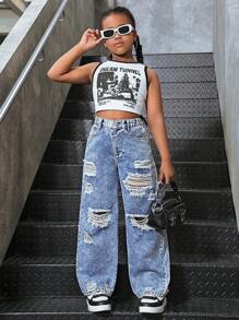 Tween Girls Y2K Style Loose Fit Distressed Washed Wide Leg Jeans, Versatile For Casual City Walk, School, Campus, College