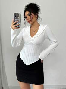 SHEIN Unity New Style Frill Trim Cute Casual Slim Fit Women Long Sleeve Sweater Knit Pullover Fall Winter Sweater - White - View 3