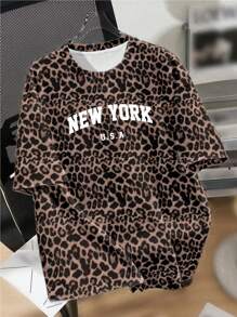 SHEIN EZwear Plus Size Casual Minimalist Round Neck Short Sleeve T-Shirt, Suitable For Summer Suitable For Going Out Leopard Print