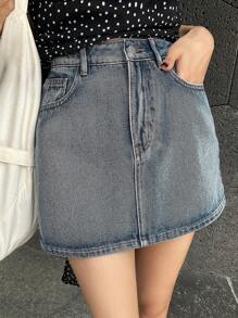 DAZY 女式短款牛仔 A 字裙，带口袋，休闲牛仔裙