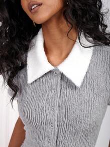 COSMINA Women's Elegant Modest Commuter & Daily Wear Grey & White Contrast Short Sleeve Mid-Length Dress, Spring/Summer - Grey - View 6