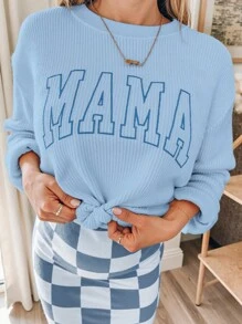 INAWLY 宽松女式“MAMA”刺绣卫衣，秋冬季，毕业季，教师节，返校季套头衫 - 淺藍色 - 查看 3