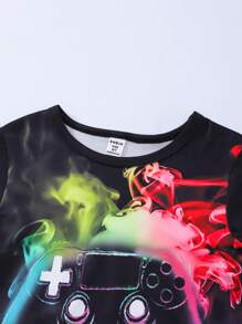 2pcs/Set Young Boys Casual Cute Dinosaur & Game Controller Print Matching Round Neck Short Sleeve T-Shirt & Shorts Set, 2 Outfit Combo For Summer - Multicolor - View 3