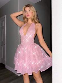 Sweetina Váy dạ hội hở lưng gợi cảm màu hồng lấp lánh thời trang Y2k ngày lễ tình nhân cho nữ, tối giản và thời trang để mặc hàng ngày - Hồng - Xem 5