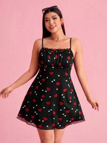 SHEIN EZwear Heart Print Mesh Plus Size Camisole Mini Dress/Valentine's Day - Black - View 5