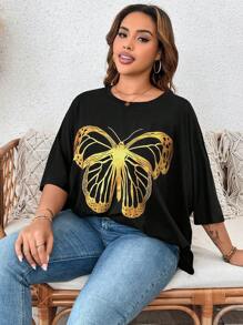 SHEIN LUNE T-shirt imprimé papillon en feuille, robe de refroidissement, tenue anti-stress, robe de soirée longue élégante, loungewear mode pour femmes