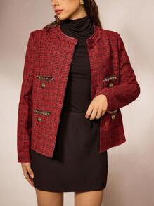 Forever 21 格子图案前开式粗花呢大衣，女士深秋优雅串珠常规袖圆领常规版型红色粗花呢格子女式大衣，休闲日常穿着 - 紅色 - 查看 4