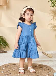 SHEIN Baby Mädchen/Säugling/Kleinkind 0-3 Jahre Lässig Urlaub lockeres Flügelärmel-Maxikleid aus seidiger Strickware, blau, geeignet für zuhause und Outdoor - Blau - Übersicht 5