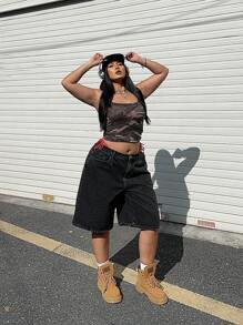 Dripcurv Quần short denim Y2K lưng thun co giãn màu đen cỡ lớn mùa hè - màu đen - Xem 7