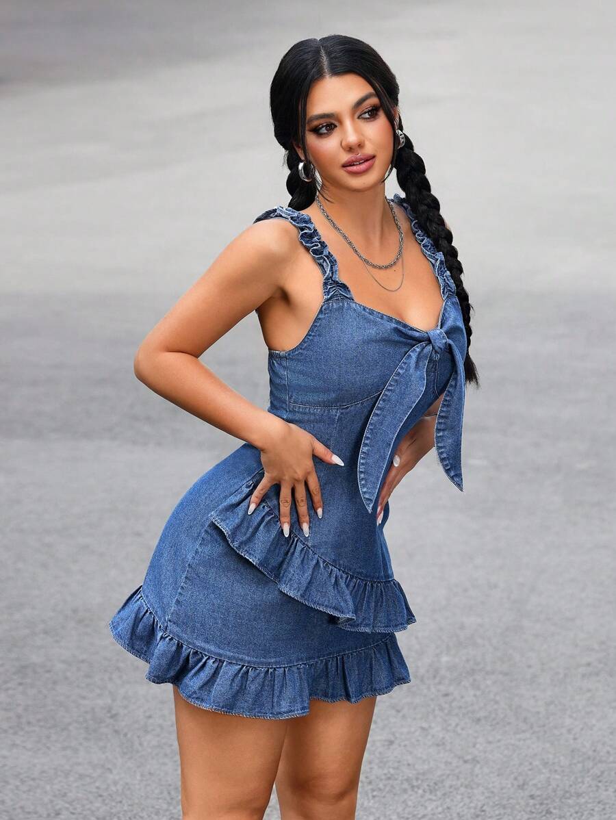 SHEIN PETITE Váy denim thường ngày cho nữ, tối giản và thời trang để mặc hàng ngày - Màu xanh lam - Xem 1