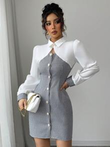 Elenzga New Elegant Waist Slimming Splice Design Long Sleeve Dress - Multicolor - View 4