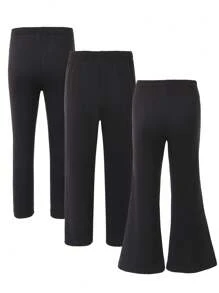 SHEIN 3pcs/Set Girls Casual Solid Color Knitted Leggings Includes: Long Fitted Stirrup Leggings, Long Flare Hem Leggings, And Cross Waist Skinny Leggings, Comfortable - Black - View 2