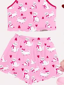 Cute Cat & Heart Print, Casual Slim Fit Pink Camisole Top And Shorts Pajama Set For Tween Girls, Suitable For Summer