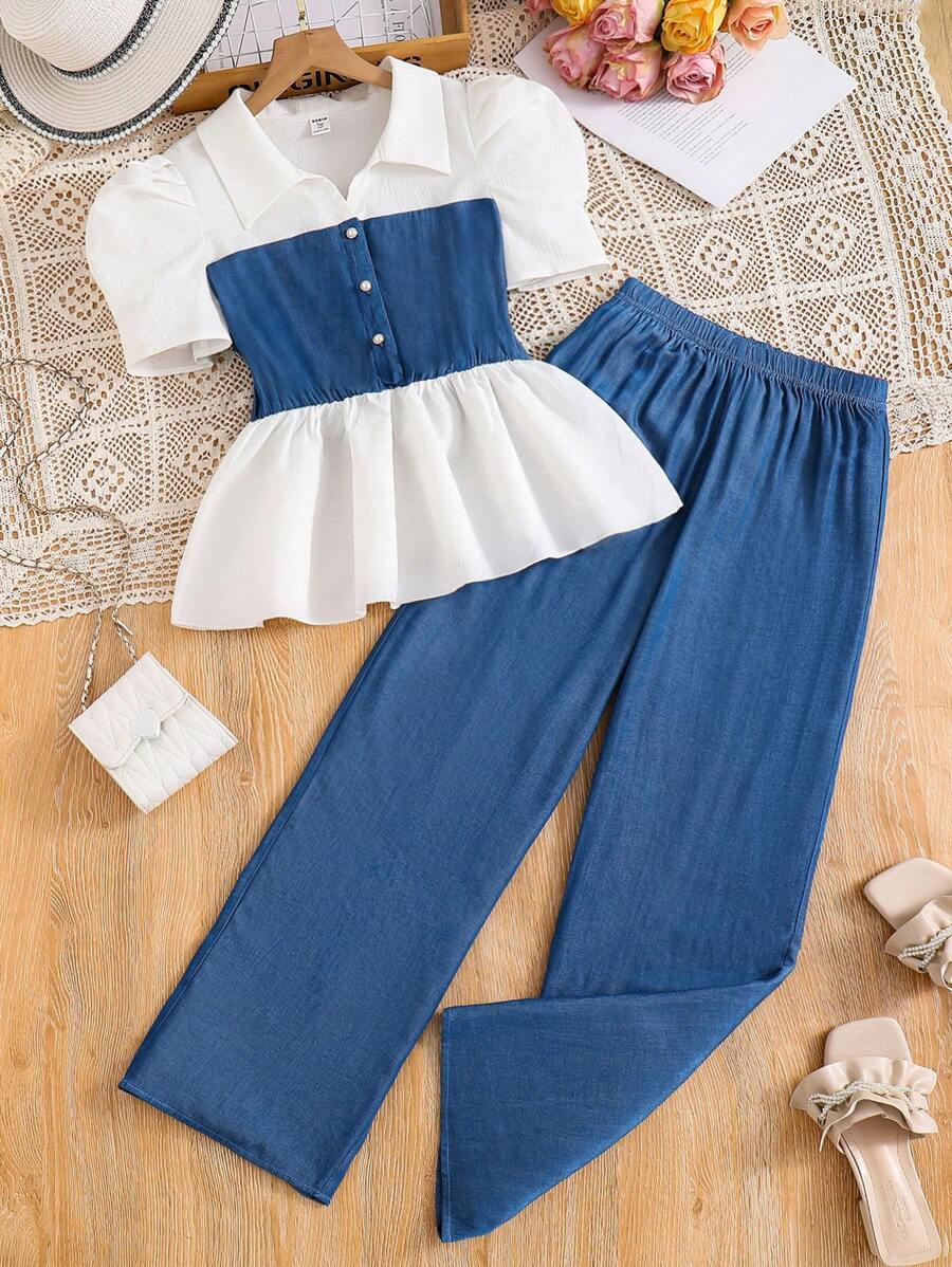 SHEIN Set de 2 piezas: Top/Camisa de manga corta con efecto de mezclilla y cuello camisero + Pantalón largo minimalista de efecto de mezclilla de unicolor para adolescentes - Azul - Ver 1