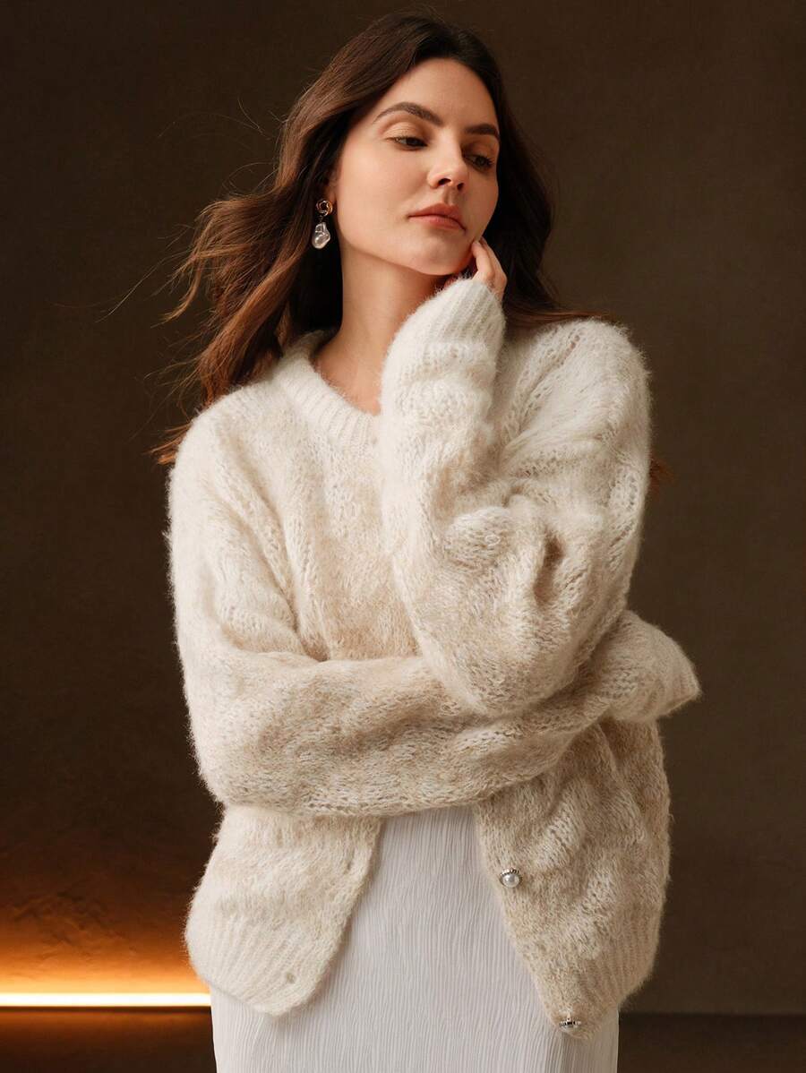 Anewsta Autumn/Winter Soft Knit Sweater Cardigan, Pink Ombre, Round Neck, Pearl Buttons, Loose & Romantic, Christmas - Khaki - View 1