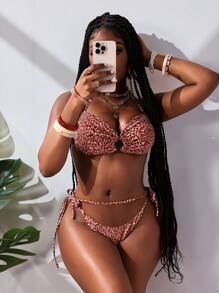Slaydiva Women's Halter Neck Tied Back Leopard Print Bikini Top & Bottom Casual Swimwear Set For Summer Beach Vacation - Multicolor - View 4