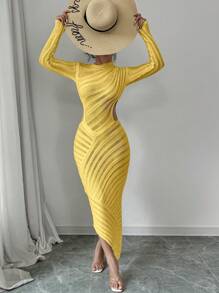 Rafferiza Women Solid Crew Neck Long Sleeve Slim Fit Yellow Sweater Dress Fall Winter Cloth For Women - Yellow - View 4