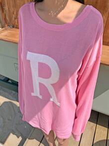 DAZY Women's Oversized Crew Neck Letter Print Dropped Shoulder Long Sleeve Casual Sweater,Fall Clothes - Pink - View 10