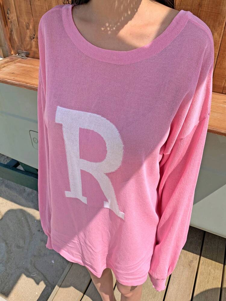 Women's Oversized Crew Neck Letter Print Dropped Shoulder Long Sleeve Casual Sweater,Fall Clothes