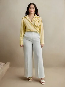 Anewsta Oversized Yellow Casual Floral Embroidery Long Sleeve Shirt, Urban Chic - Yellow - View 5