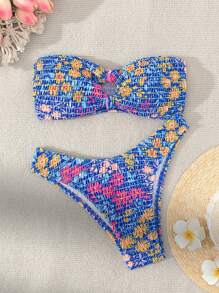 Swim Mod Women Bikini Swimwear Set, Random Print Strapless Push Up Bra With Bikini Bottom, Ideal For Summer, Beach And Swimming Pool,Summer Beach