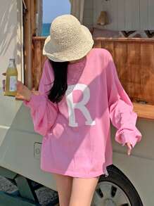 DAZY Women's Oversized Crew Neck Letter Print Dropped Shoulder Long Sleeve Casual Sweater,Fall Clothes - Pink - View 1