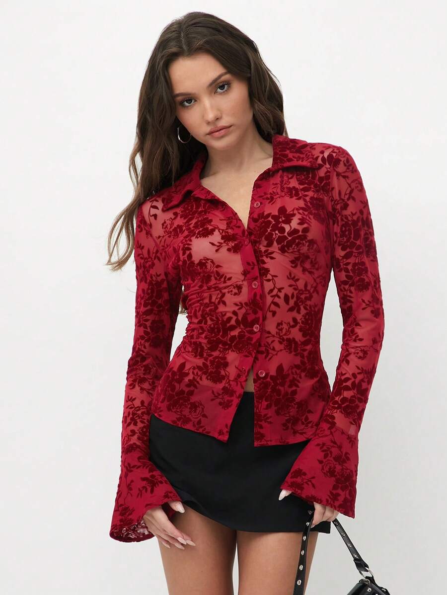 TRNVIE Women Front Button Long Sleeve Shirt Collar Minimalist Casual Blouse, Everyday Wear