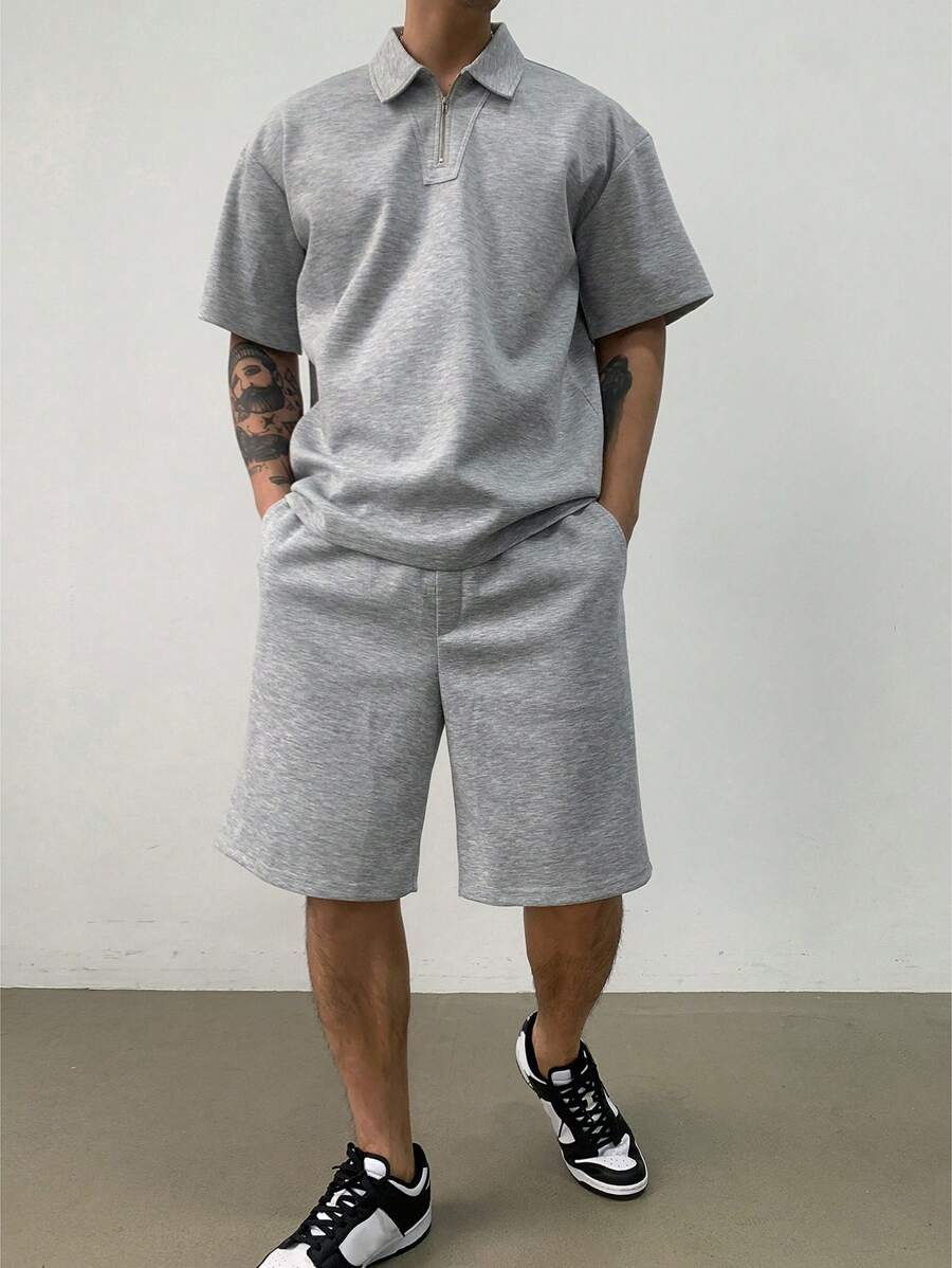 DAZY 2Pcs Men's Basic Solid Half-Zip Polo Shirt & Shorts Set, Summer - Grey - View 1