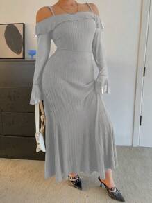 Flirla Plus Size Black Rib Knit Off Shoulder Dress, Suitable For Date Night Party - Grey - View 8