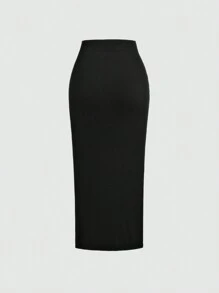 Flirla 大码交叉腰侧开衩休闲长裙 - 黑色 - 查看 2