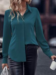 EMERY ROSE Women's Solid Color Long Sleeve Single-Breasted Casual Shirt, Autumn Fall Cloth For Women - Teal Blue - View 6