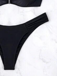 Summer 2pcs/Set Women Solid Color Sexy Vacation Push-Up Adjustable Strap Metal Decor Bikini Set