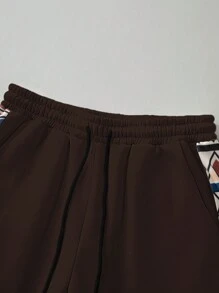 Manfinity Hypemode Men's Solid Color Splice Crew Neck Long Sleeve Top And Long Pants Set, Minimalist Style - Brown - View 4