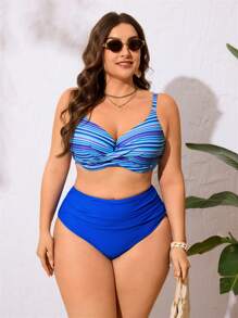 SHEIN Swim Curve 大码条纹印花钢圈聚拢两件套比基尼套装，蓝色，休闲度假夏季