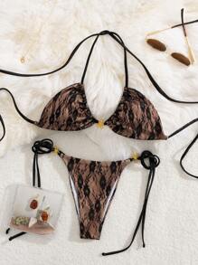 SHEIN X Sofía Suescun SHEIN Swim Springbreak Lace Sexy Sheer Metallic Accessories French Casual Versatile Ball Music Festival Swimwear Bikini 2 Pieces Set For Summer Beach Vacation - Multicolor - View 1