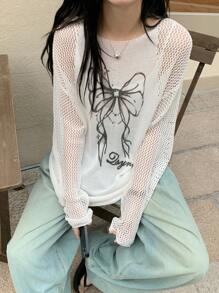 DAZY Damen Pullover mit Schleifenprint, ausgeschnittenen Ärmeln und transparenten Einsätzen, Herbstmode für Frauen - Weiss - Übersicht 4