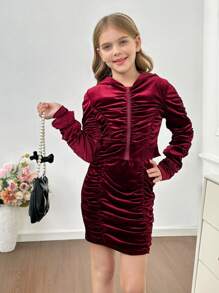 Conjunto de chaqueta con capucha de sudadera de terciopelo burdeos con diseño de plisado y falda mini asimétrica con plisado para niña preadolescente, elegante y versátil, para fiesta de Navidad, otoño/invierno - Burdeos - Ver 1